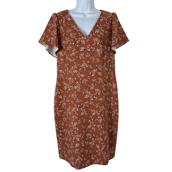 Ann Taylor Floral Flutter Sleeve Career Midi Dress Rouge White Black Size 10 EUC - Picture 2 of 11